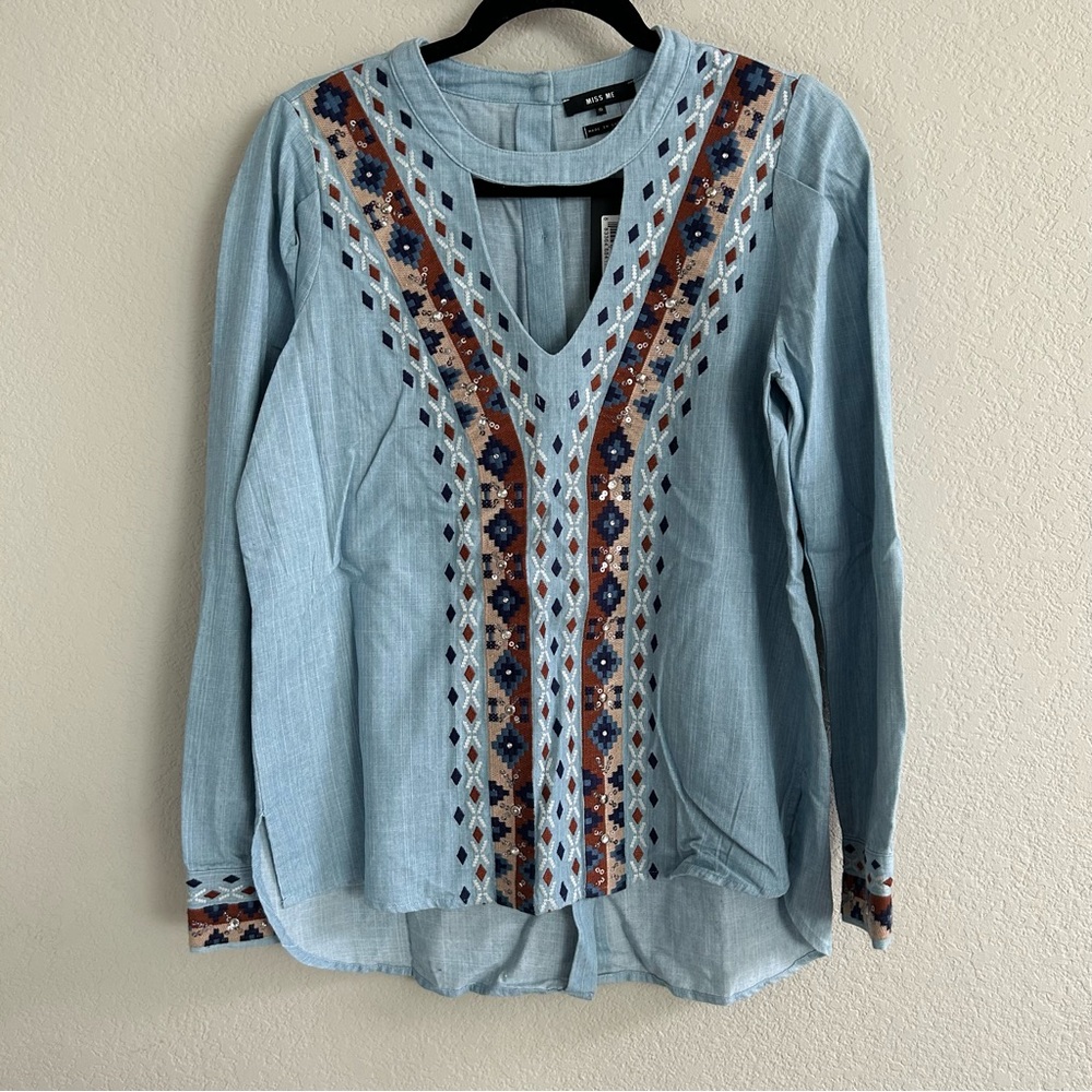 Miss Me Light Blue Embroidered V-Neck Long Sleeve Top